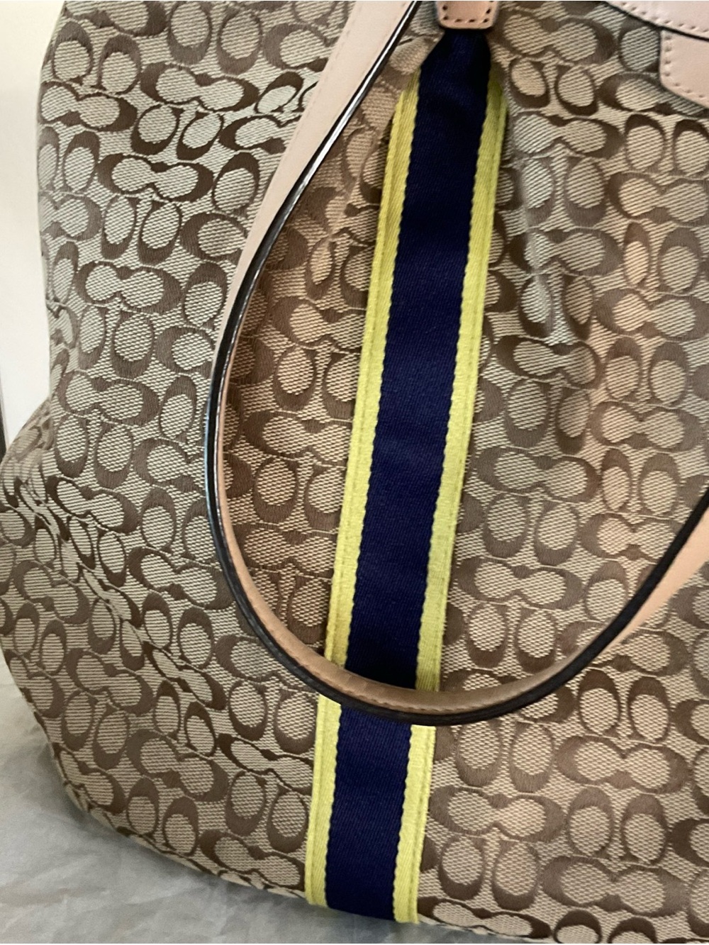 Coach Signature C Jacquard Canvas Tote Bag Tan Leather Trim Shoulder Bag - Picture 2 of 11
